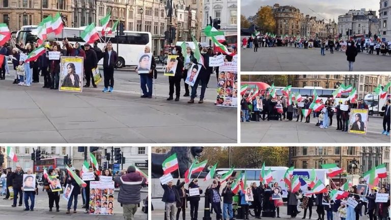 London—November 26, 2022: Freedom-loving Iranians and supporters of the People's Mojahedin Organization of Iran (PMOI/MEK) held a rally in Trafalgar Square, in solidarity with the Iranian people's uprising.