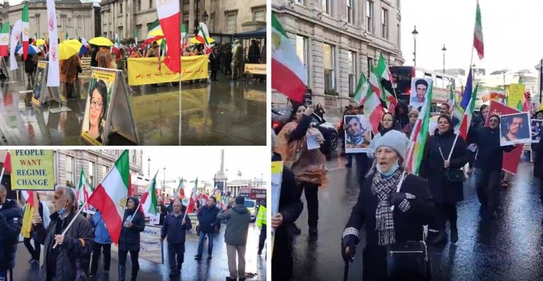 London—November 6, 2022: Freedom-loving Iranians and supporters of the People's Mojahedin Organization of Iran (PMOI/MEK) continue to sit-in and rally in Trafalgar Square in solidarity with the Iranian people's uprising and political prisoners.