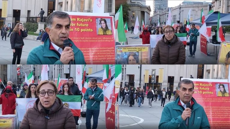 London—November 1, 2022: Freedom-loving Iranians and supporters of the People's Mojahedin Organization of Iran (PMOI/MEK) continue to sit-in and rally in Trafalgar Square in solidarity with the Iranian people's uprising and political prisoners.