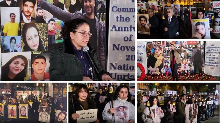 London—November 18, 2022: Freedom-loving Iranians and supporters of the People's Mojahedin Organization of Iran (PMOI/MEK) held a rally in solidarity with the Iranian people's uprising. They also commemorated the anniversary of the November 2019 uprising in Iran.