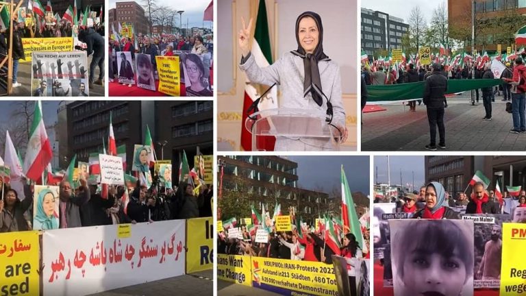 Münster, Germany—November 3, 2022: Freedom-loving Iranians and supporters of the People's Mojahedin Organization of Iran (PMOI/MEK) demonstrated concurrent with the G7 Foreign Ministers Meeting in solidarity with the Iranian people's uprising.
