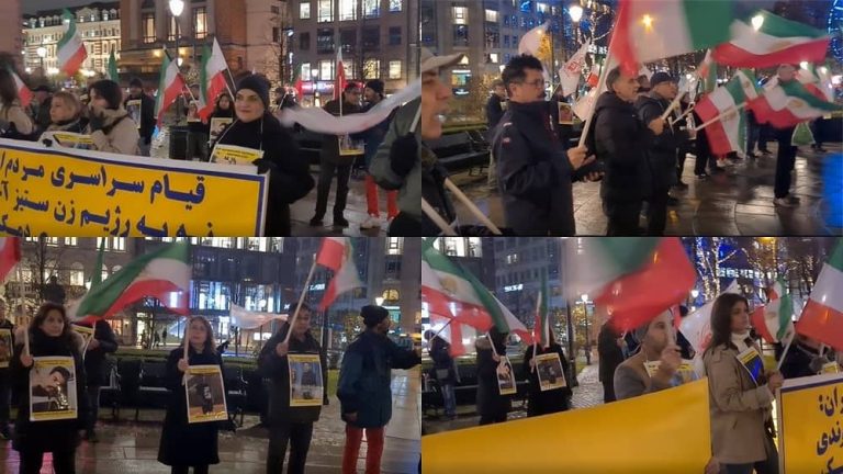 Norway, Oslo—November 8, 2022: Freedom-loving Iranians and supporters of the People's Mojahedin Organization of Iran (PMOI/MEK) held a rally in front of the Norway Parliament in solidarity with the Iranian people's uprising.