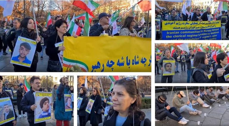 Norway, Oslo—November 12, 2022: Freedom-loving Iranians and supporters of the People's Mojahedin Organization of Iran (PMOI/MEK) held a rally in front of the Norway Parliament in solidarity with the Iranian people's uprising.