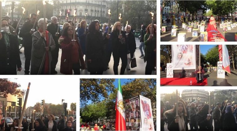 France, Paris—November 12, 2022: Freedom-loving Iranians and supporters of the People's Mojahedin Organization of Iran (PMOI/MEK) held a rally and photo exhibition of the Iranian revolution martyrs in solidarity with the Iranian people's uprising.