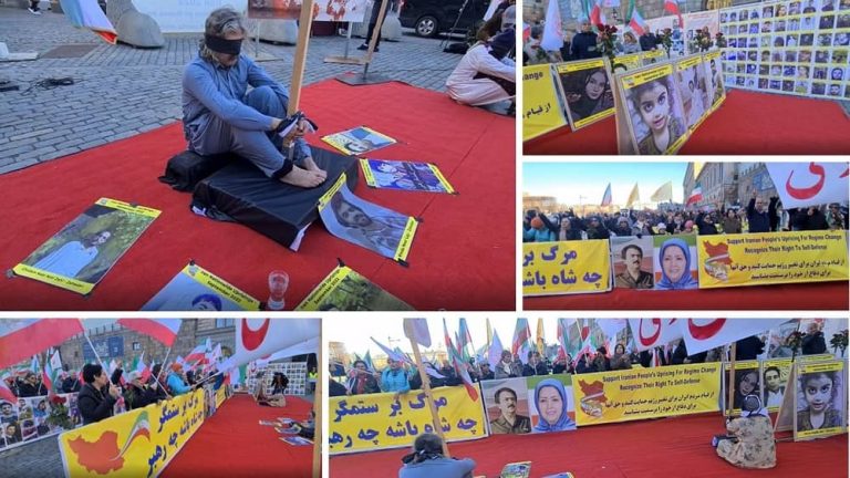 Sweden, Stockholm—November 12, 2022: Freedom-loving Iranians and supporters of the People's Mojahedin Organization of Iran (PMOI/MEK) held a rally in solidarity with the Iranian people's uprising.