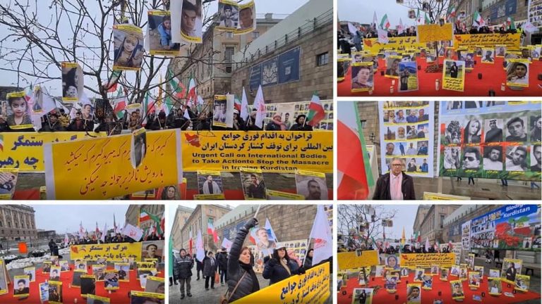 Stockholm, Sweden—November 26, 2022: Freedom-loving Iranians and supporters of the People's Mojahedin Organization of Iran (PMOI/MEK) held a rally in solidarity with the Iranian people's uprising.
