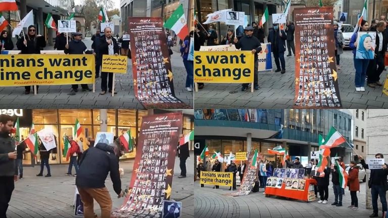 Stuttgart—November 12, 2022: Freedom-loving Iranians and supporters of the People's Mojahedin Organization of Iran (PMOI/MEK) held a photo exhibition of Iranian Revolution martyrs and rallied to support the Iranian people's uprising.