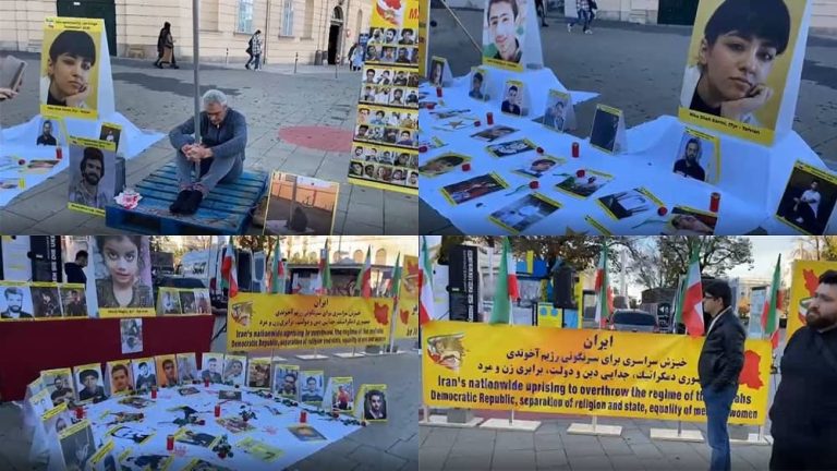 Vienna—November 12, 2022: Freedom-loving Iranians and supporters of the People's Mojahedin Organization of Iran (PMOI/MEK), held an exhibition and rally to support the Iranian people's uprising.