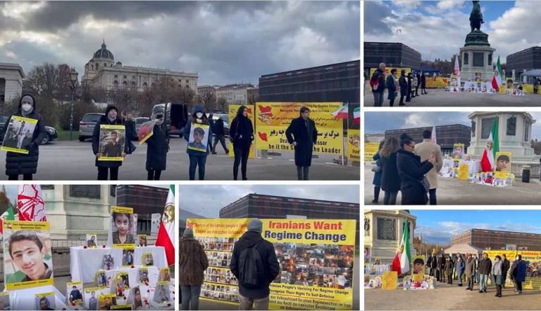 Vienna, Austria—November 26, 2022: Freedom-loving Iranians and supporters of the People's Mojahedin Organization of Iran (PMOI/MEK) held a rally in solidarity with the Iranian people's uprising.