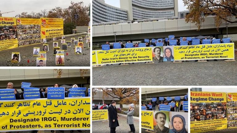 Vienna—November 17, 2022: At the same time as the Board of Governors of the IAEA meeting, freedom-loving Iranians, supporters of the People's Mojahedin Organization of Iran (PMOI/MEK) held a protest rally in Vienna, supporting the Iran Revolution and condemning the mullahs’ regime.