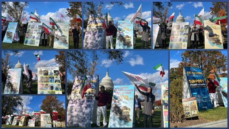 Washington, DC—November 1, 2022: Freedom-loving Iranians and supporters of the People's Mojahedin Organization of Iran (PMOI/MEK) continue to the long-month sit-in and rally outside the US Congress to support the nationwide Iranian people's uprising.