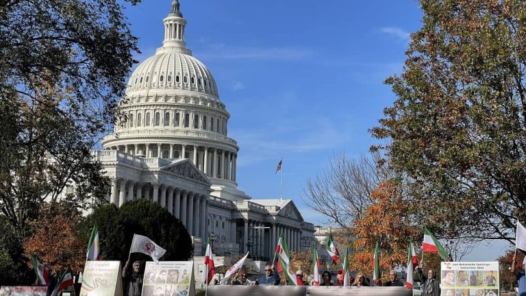Washington, DC—October 30, 2022: Freedom-loving Iranians and supporters of the People's Mojahedin Organization of Iran (PMOI/MEK) started a long-month sit-in and rally outside the US Congress to support the nationwide Iranian people's uprising.