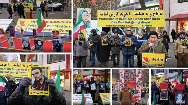 Berlin, Germany—December 10, 2022: Supporters of the People's Mojahedin Organization of Iran (PMOI/MEK) held a rally and photo exhibition in memory of the martyrs of the nationwide Iranian Revolution. They commemorated the young protester, Mohsen Shekari, who was executed on December 8 by the mullahs' regime.