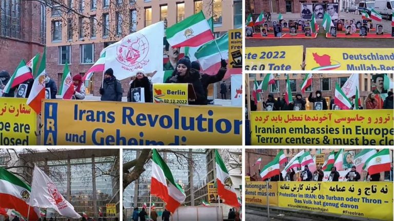 Berlin, Germany—December 2, 2022: Freedom-loving Iranians and supporters of the People's Mojahedin Organization of Iran (PMOI/MEK) held a rally in front of the German Foreign Ministry in solidarity with the Iranian people's uprising.