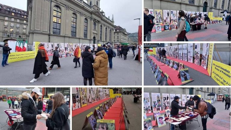 Bern, Switzerland—November 30, 2022: Freedom-loving Iranians and supporters of the People's Mojahedin Organization of Iran (PMOI/MEK) held a photo exhibition in memory of the martyrs of the nationwide Iranian Revolution.