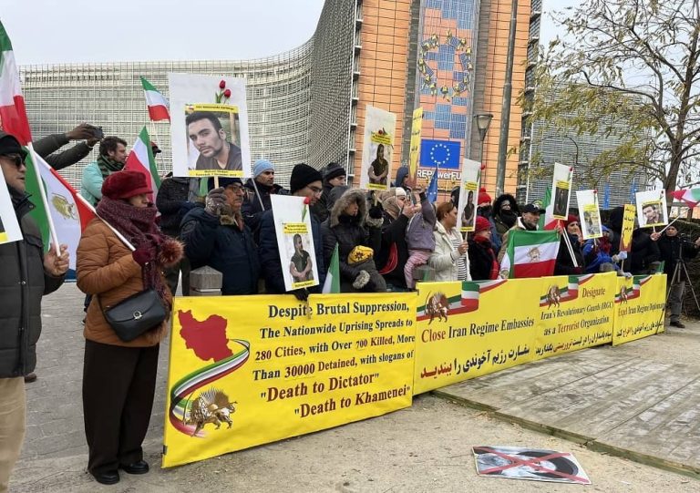 Brussels—Belgium, December 13, 2022: Supporters of the People's Mojahedin Organization of Iran (PMOI/MEK) held protest rally in front of the European Commission, against the criminal execution of the young protester, Majidreza Rahnavard.