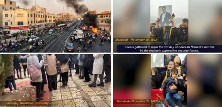 November 30, 2022: Wednesday, November 30, marked the 76th day of nationwide protests against the Iranian regime, which began on September 16. Iran’s protests have expanded to 277 cities and all 31 provinces across the country.
