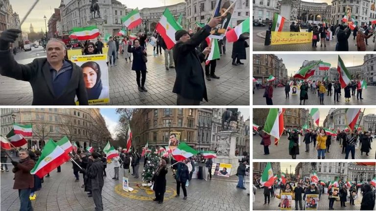 London, England—December 17, 2022: Freedom-loving Iranians and supporters of the People’s Mojahedin Organization of Iran (PMOI/MEK) held a rally in Trafalgar Square in support of the nationwide Iran protests.