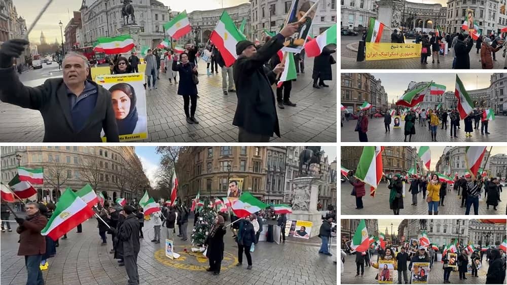 London, England—December 17, 2022: Iranian Resistance Supporters Rally in Support of the Nationwide Iran Protests