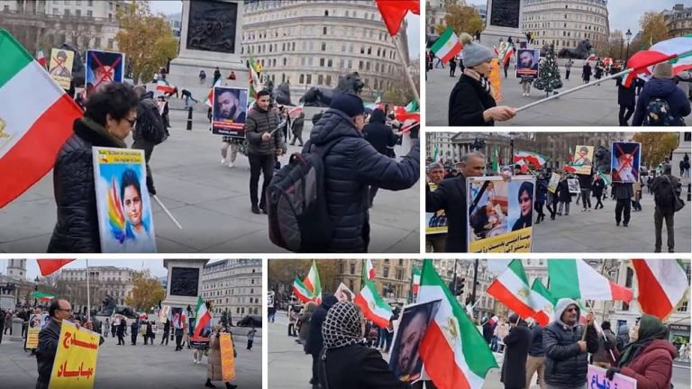 London—December 3, 2022: Freedom-loving Iranians and supporters of the People's Mojahedin Organization of Iran (PMOI/MEK) continued their rally in Trafalgar Square, in solidarity with the Iranian people's uprising.