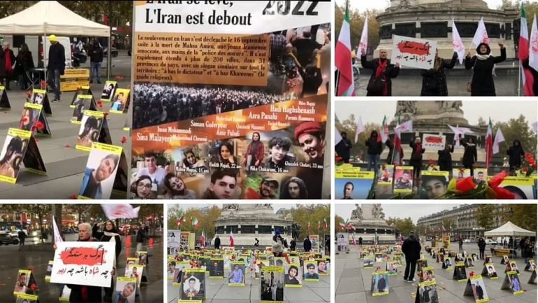 Paris, France—December 2, 2022: Freedom-loving Iranians and supporters of the People's Mojahedin Organization of Iran (PMOI/MEK) held a rally and photo exhibition at the Place de la République in memory of the martyrs of the nationwide Iranian Revolution. They also expressed their solidarity with the Iranian people's uprising.