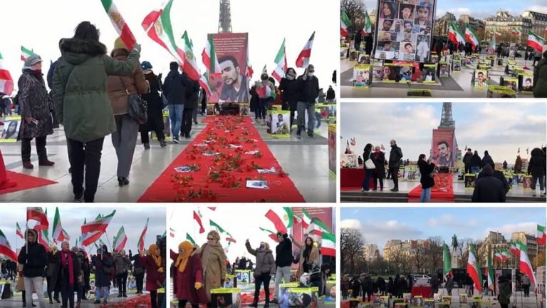 Paris, France—December 10, 2022: Supporters of the People's Mojahedin Organization of Iran (PMOI/MEK) held a rally and photo exhibition in memory of the martyrs of the nationwide Iranian Revolution. They commemorated the young protester, Mohsen Shekari, who was executed on December 8 by the mullahs' regime.