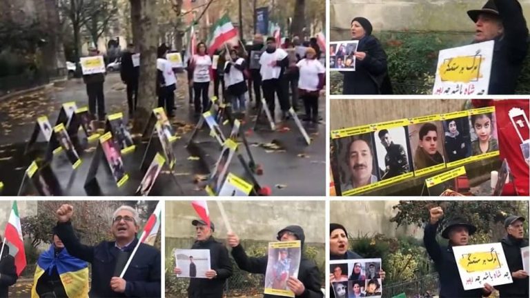 Paris, France—November 30, 2022: Freedom-loving Iranians and supporters of the People's Mojahedin Organization of Iran (PMOI/MEK) held a rally and photo exhibition at the Trocadéro Square in memory of the martyrs of the nationwide Iranian Revolution. They also expressed their solidarity with the Iranian people's uprising.