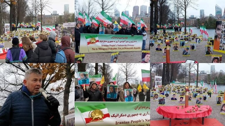 The Hague, the Netherlands—December 2, 2022: Freedom-loving Iranians and supporters of the People's Mojahedin Organization of Iran (PMOI/MEK) held a rally and photo exhibition in memory of the martyrs of the nationwide Iranian Revolution. They also expressed their solidarity with the Iranian people’s uprising.