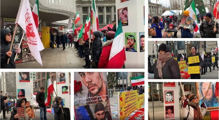 Canada, Vancouver—December 10, 2022: Supporters of the People's Mojahedin Organization of Iran (PMOI/MEK) held a rally in support of the nationwide Iranian Revolution. They commemorated the young protester, Mohsen Shekari, who was executed on December 8 by the mullahs' regime.