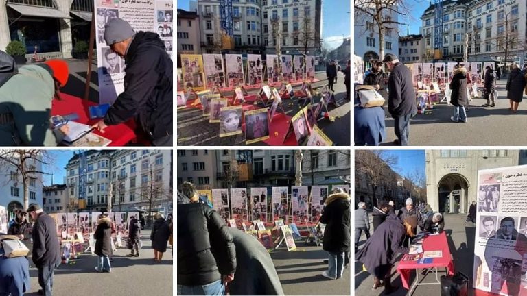 Zurich, Switzerland—December 6, 2022: Freedom-loving Iranians and supporters of the People's Mojahedin Organization of Iran (PMOI/MEK) held a photo exhibition in memory of the martyrs of the nationwide Iranian Revolution.