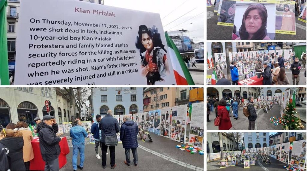 Zurich—December 27, 2022: Iranian Resistance  Supporters Held an Exhibition in Support of the Iran Revolution, Honoring Kian Pirfalak and Other Martyrs
