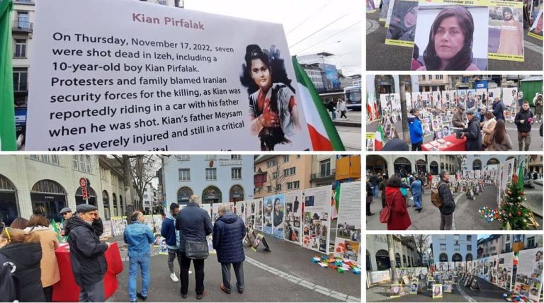 Zurich, Switzerland—December 27, 2022: Freedom-loving Iranians and supporters of the People's Mojahedin Organization of Iran (PMOI/MEK) held a photo exhibition in memory of the martyrs of the nationwide Iranian Revolution. Kian Pirfalak, a 10-year-old child of Izeh, who was killed by the criminal agents of the Mullahs’ regime, was also commemorated.