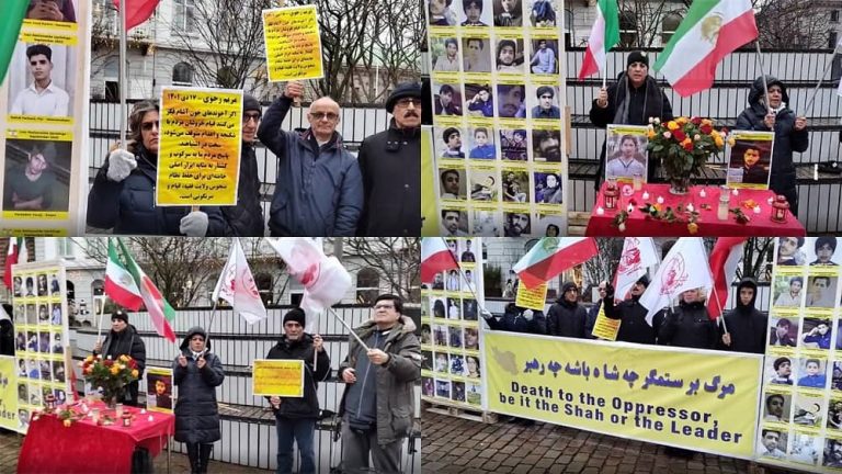 Aarhus, Denmark—January 9, 2023: Members of the Iranian communities and Iranian Resistance (NCRI and MEK) supporters held a rally. They denounced the executions of another two young protesters, Mohammad Mehdi Karami and Seyed Mohammad Hosseini, by the criminal mullahs' regime.