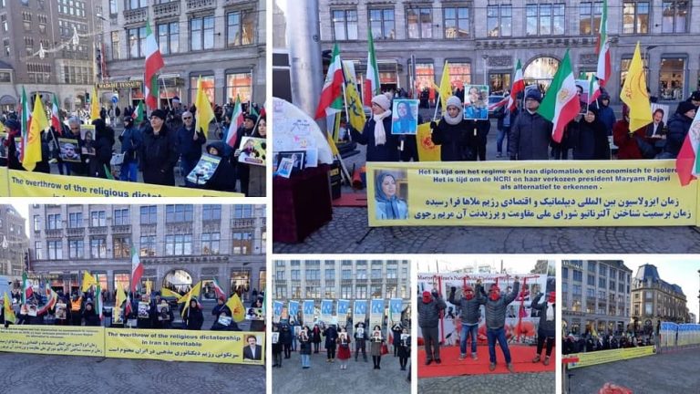 Amsterdam, the Netherlands—January 21, 2023: Freedom-loving Iranians and supporters of the People's Mojahedin Organization of Iran (PMOI/MEK) held a rally in solidarity with the Iranian people's uprising.