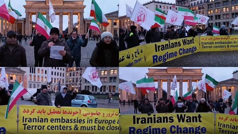 Berlin, Germany—January 4, 2023: Freedom-loving Iranians and supporters of the People's Mojahedin Organization of Iran (PMOI/MEK) held a rally and expressed solidarity with the nationwide Iran protests.