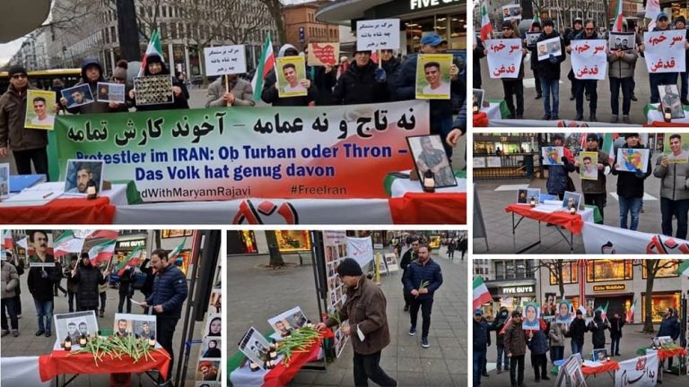Berlin, Germany—January 28, 2023: Freedom-loving Iranians and supporters of the People's Mojahedin Organization of Iran (PMOI/MEK) held a rally in solidarity with the Iranian people's uprising.