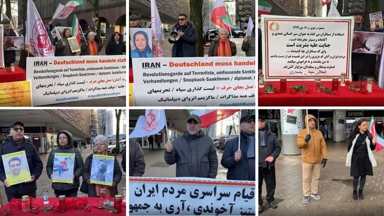 Hamburg, Germany—January 6, 2023: Members of the Iranian community and Iranian Resistance (NCRIand MEK) supporters held a rally on the third anniversary of the deliberate and criminal firing of missiles at a Ukrainian passenger plane, killing 176 innocent passengers by the IRGC.