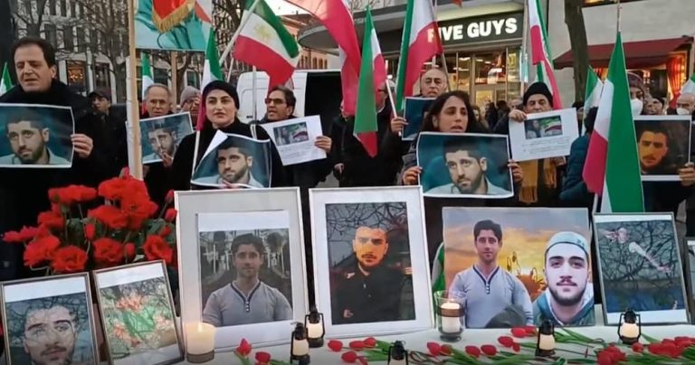 Different Cities in Germany—January 7, 2023: Members of the Iranian communities and Iranian Resistance (NCRIand MEK) supporters held rallies and denounced the executions of another two young protesters, Mohammad Mehdi Karami and Seyed Mohammad Hosseini, by the criminal mullahs' regime.