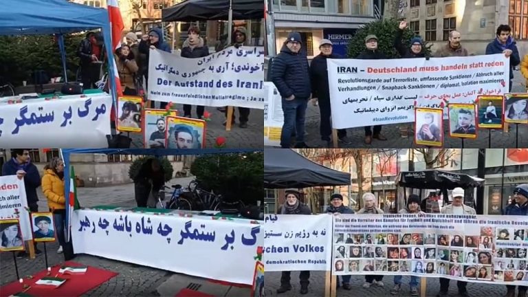 Bremen, Germany—January 28, 2023: Freedom-loving Iranians and supporters of the People's Mojahedin Organization of Iran (PMOI/MEK) held a rally in solidarity with the Iranian people's uprising.