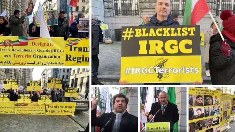 Brussels, Belgium—January 18, 2023: Freedom-loving Iranians, supporters of the Iranian Resistance (NCRI and MEK), demonstrated in Front of the Belgium Foreign Ministry and demanded to designate the IRGC as a terrorist organization. They also expressed solidarity with the nationwide Iran protests.