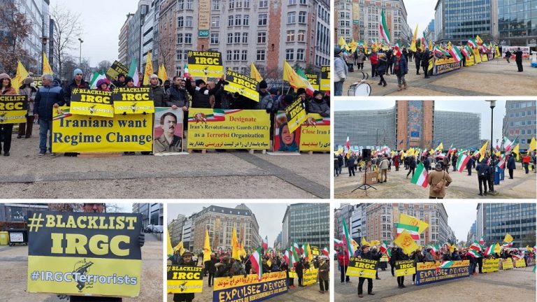 Brussels, Belgium—January 23, 2023: Freedom-loving Iranians, supporters of the Iranian Resistance (NCRI and MEK), demonstrated in front of the EU Council of Ministers and demanded to designate the IRGC as a terrorist organization. They also expressed solidarity with the nationwide Iran protests.