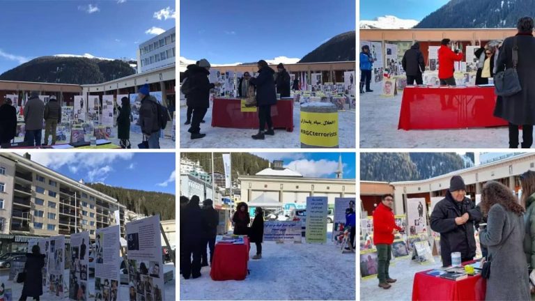 Davos, Switzerland—January 18, 2023: Freedom-loving Iranians and supporters of the People's Mojahedin Organization of Iran (PMOI/MEK) held a photo exhibition in memory of the martyrs of the nationwide Iranian Revolution.