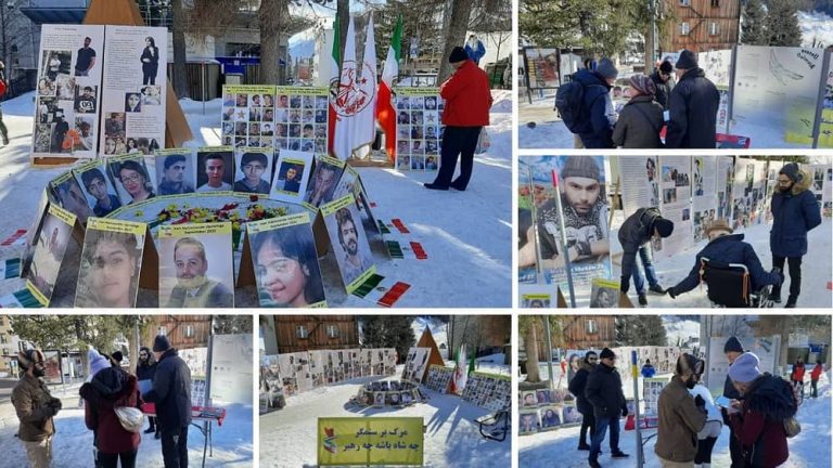 Davos, Switzerland—January 26, 2023: Freedom-loving Iranians, supporters of the People’s Mojahedin Organization of Iran (PMOI/MEK), held a photo exhibition in memory of the martyrs of the nationwide Iranian Revolution. They also expressed solidarity with the nationwide uprising, which has entered its fifth month despite the regime’s brutal crackdown.