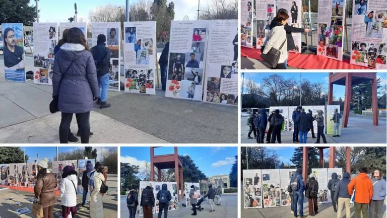 Geneva, Switzerland—January 21, 2023: Freedom-loving Iranians and supporters of the People's Mojahedin Organization of Iran (PMOI/MEK) held a rally and exhibition next to the “Broken Chair” (UNOG) in solidarity with the nationwide Iranian Revolution.