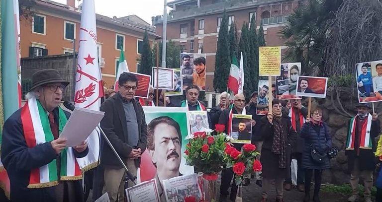 Rome, Italy—January 7, 2023: Members of the Iranian communities and Iranian Resistance (NCRIand MEK) supporters held rallies and denounced the executions of another two young protesters, Mohammad Mehdi Karami and Seyed Mohammad Hosseini, by the criminal mullahs' regime.