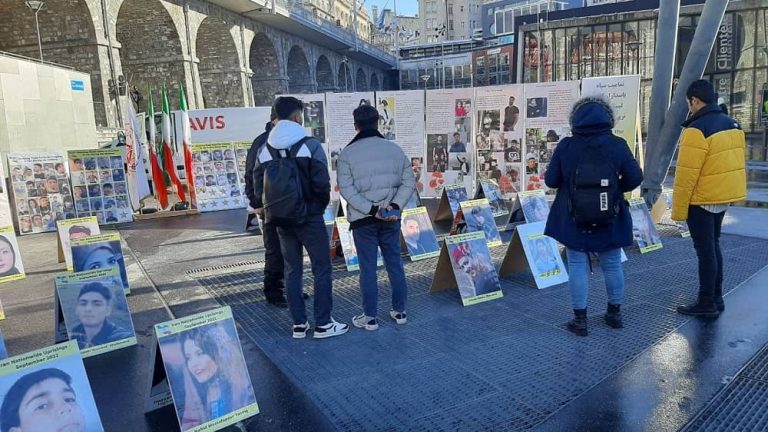 Lausanne, Switzerland—January 19, 2023: Freedom-loving Iranians and supporters of the People's Mojahedin Organization of Iran (PMOI/MEK) held a photo exhibition in memory of the martyrs of the nationwide Iranian Revolution.