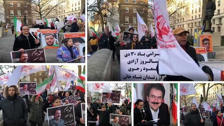 London—January 21, 2023: Freedom-loving Iranians and supporters of the People's Mojahedin Organization of Iran (PMOI/MEK) held a rally in solidarity with the Iranian people's uprising. They also commemorated January 20, 1979. On this day, the people of Iran released the last group of political prisoners from the prisons of Shah’s dictatorship.