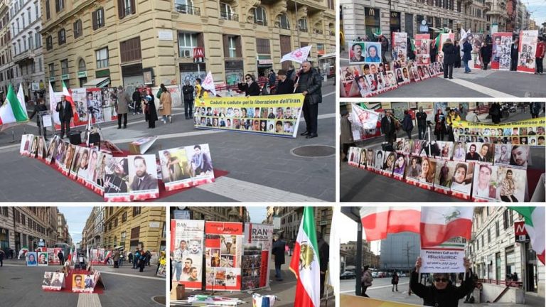 Rome, Italy—January 21, 2023: Freedom-loving Iranians and supporters of the People's Mojahedin Organization of Iran (PMOI/MEK) held a rally and exhibition in “Porta del Popolo” in solidarity with the Iranian people's uprising.
