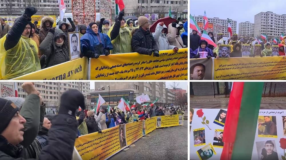 Stockholm—January 13, 2023: Iranian Resistance Supporters Rally in Front of the Swedish Court, Seeking Justice for the 1988 Massacre Victims