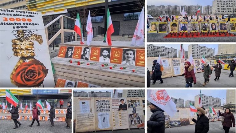 Stockholm, Sweden—January 19, 2023: Freedom-loving Iranians, and supporters of the People's Mojahedin Organization of Iran (PMOI/MEK) and the National Council of Resistance of Iran (NCRI) held a rally on the fifth day of the appeal trial of the executioner Hamid Noury in front of the court. They are seeking justice for more than 30,000 martyrs of the 1988 massacre.